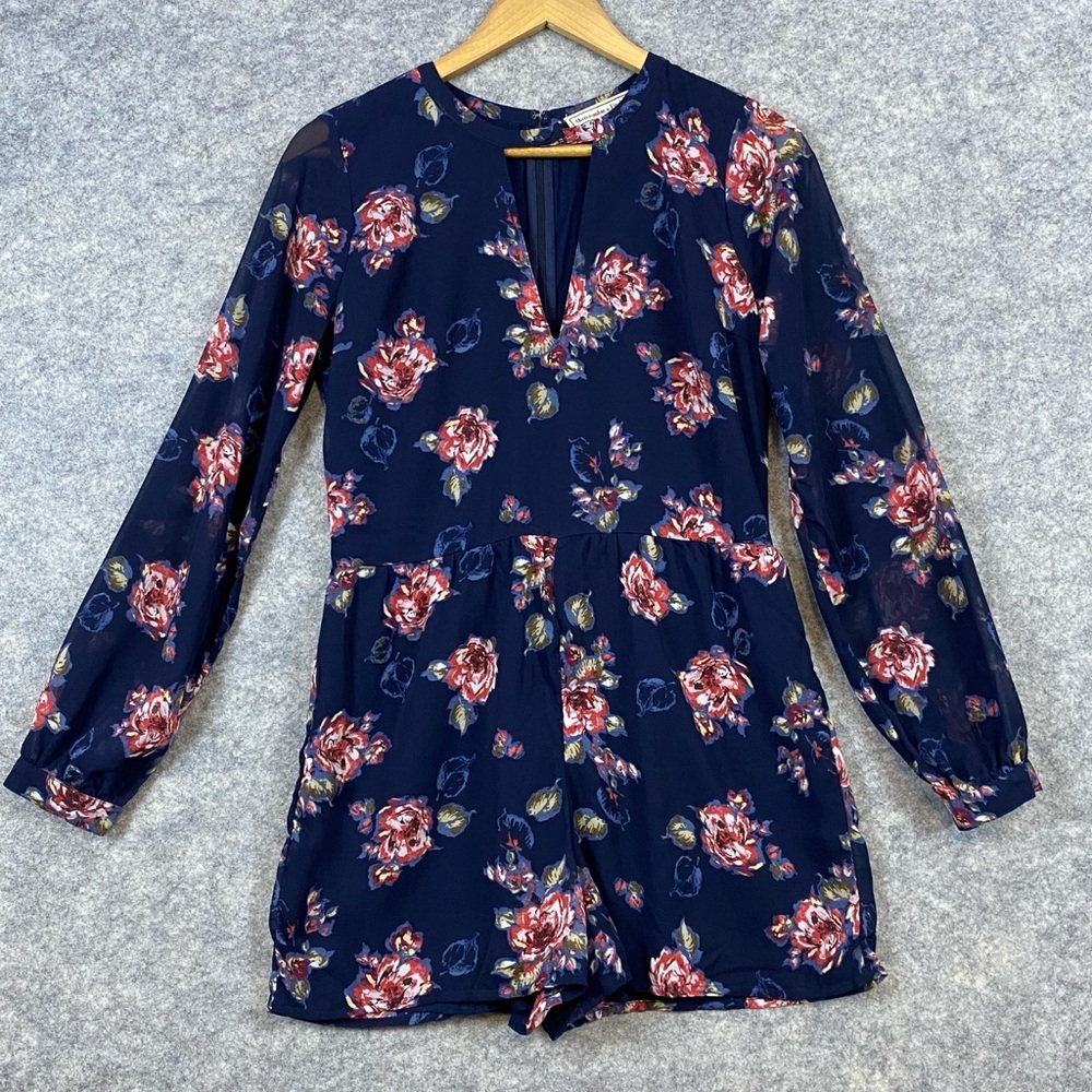Abercrombie & Fitch Floral Navy Shorts Romper Jumpsuit Sheer Sleeves Size 2